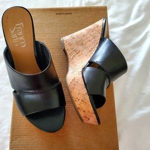 Franco Sarto Black Leather Wedge Platform Sandals